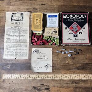 Vintage MONOPOLY Parker Bros Game With Box + Game Pieces Post WWII era-No Board
